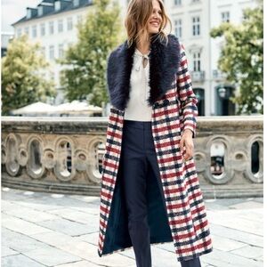 NWT Boden Plaid Coat with removable Faux Fur Collar
